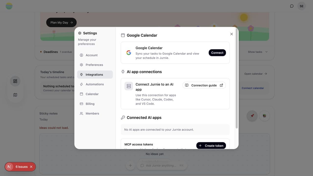 Jurnie Settings with Integrations selected and the Google Calendar Connect button.